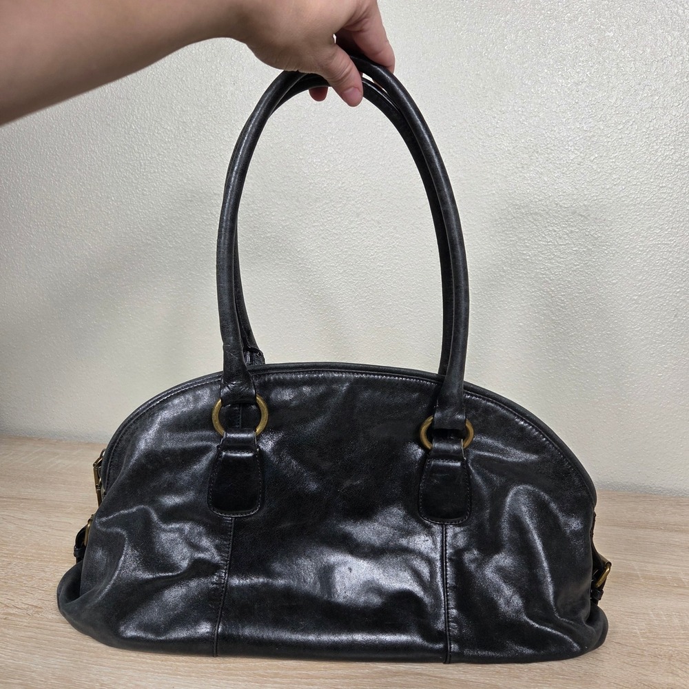 HOBO International Black Leather Satchel Handbag Brass Hardware